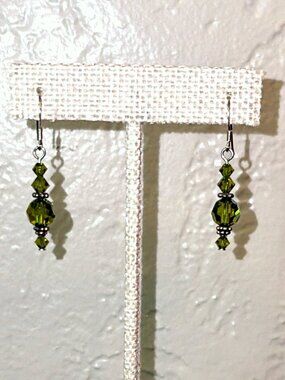 Vintage Y2K Deadstock Olivine Crystal Dangle Earrings Sterling Silver NWOT Handm